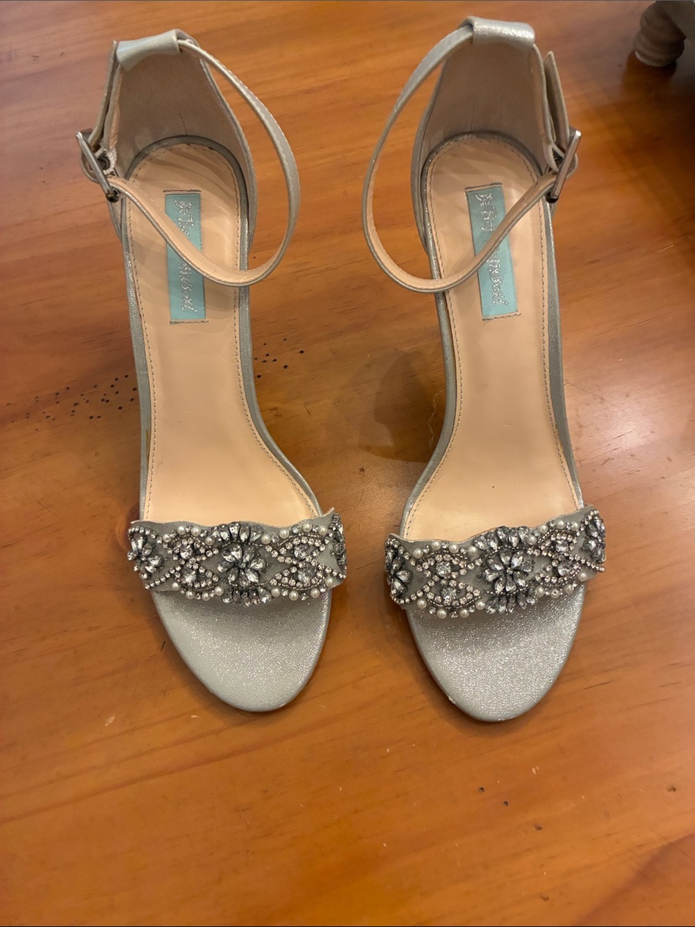 Betsey Johnson Silver Crystal-Ankle Strap Heels